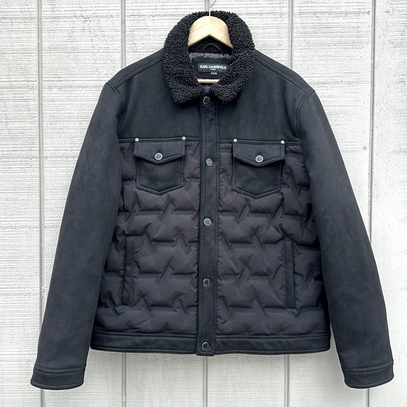 Karl Lagerfeld Paris Sherpa Collar Trucker Jacket - Black - Picture 1 of 16